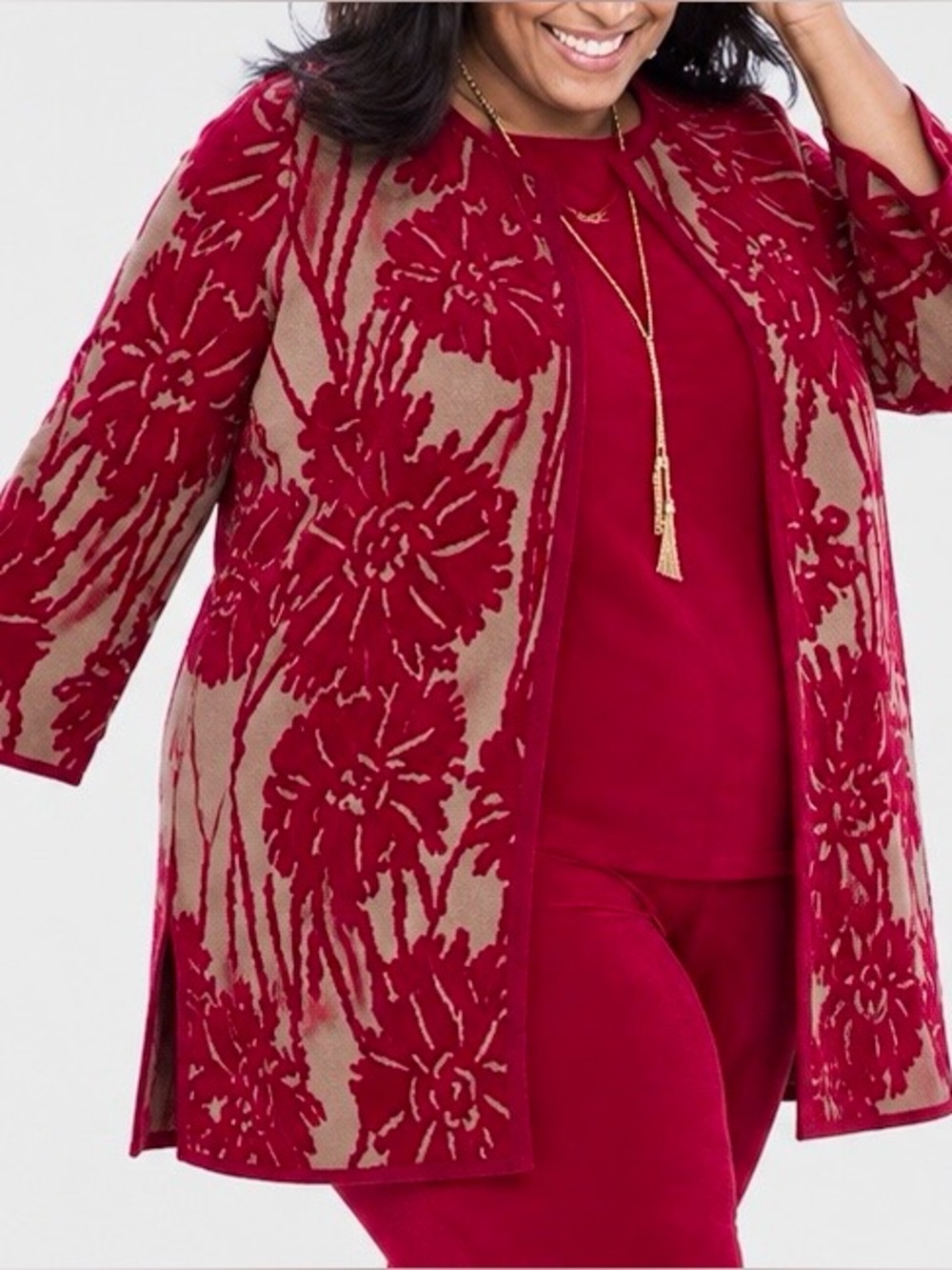 Chicos Travelers Collection Red Tan Exploded Floral Textured Open Front Cardigan